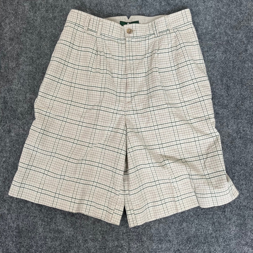 Hunt Club Vintage Plaid Pleated Shorts Tan Green 100% Cotton High Waist Size 8